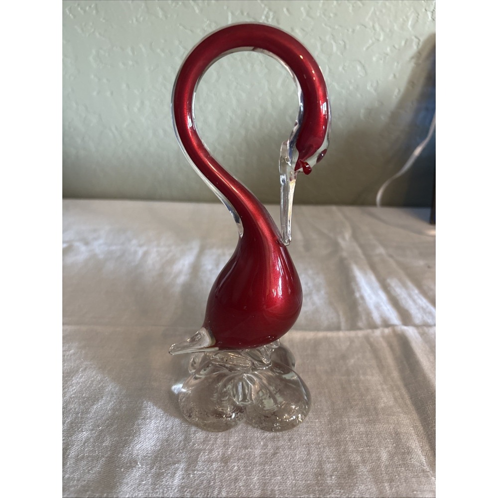Vintage Hand Blown Pink Art Glass Flamingo Swan Bird Figurine 8" Murano Style
